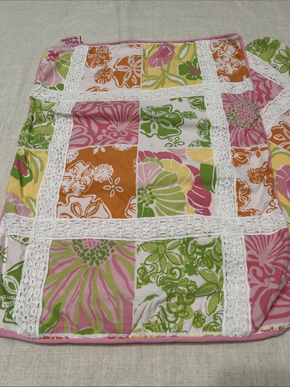 Lilly Pulitzer Patchwork Pillow Shams (2) Vibrant Pastel Floral With Lace Detail